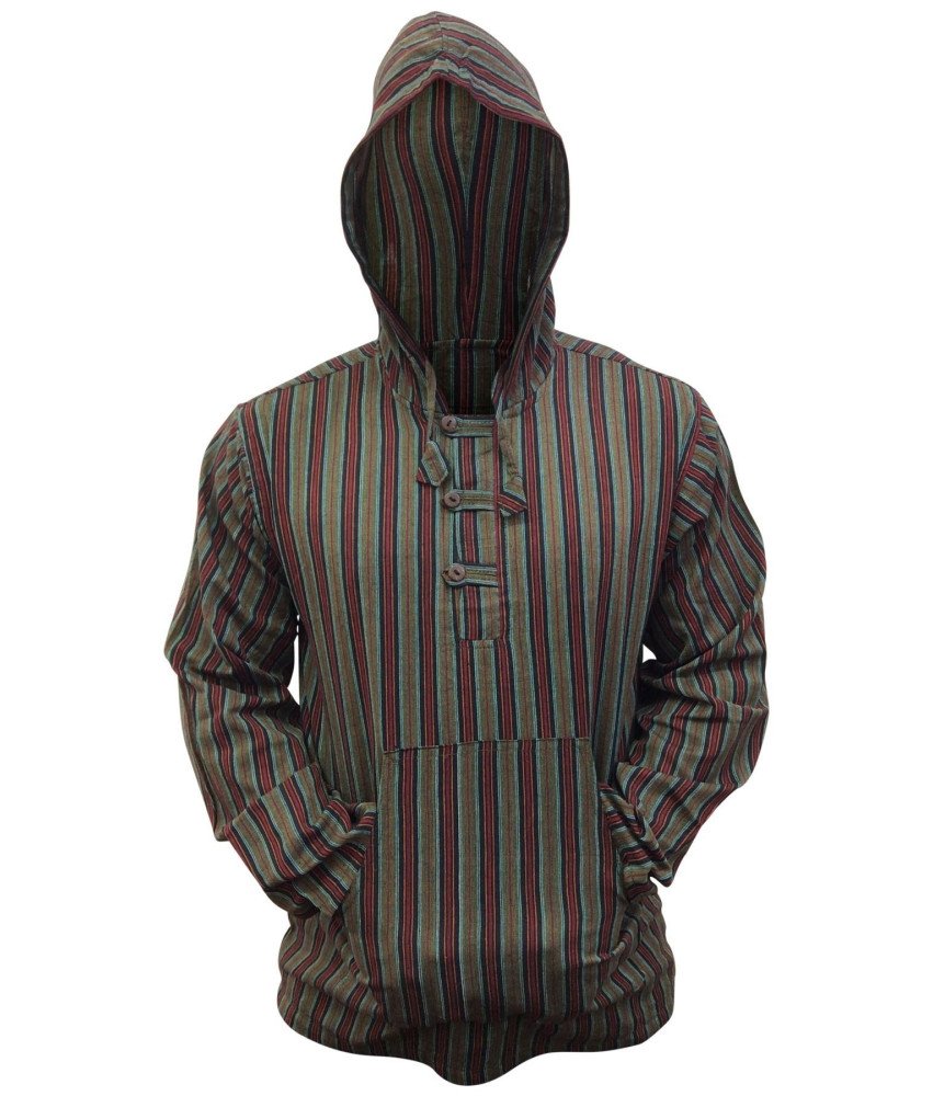 Bluza Męska Bawełniana z Kapturem w Paski Zielony mix Festiwalowa L
