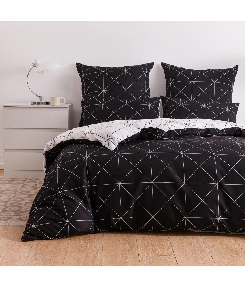 Pościel z Mikrofibry Czarno Bała Kratka 135x200 cm Zestaw z Poszewką 80x80