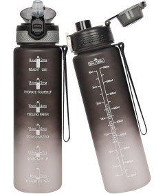 Sportowa Butelka na Wodę z Tritanu 1L ze Słomką i 2 Pokrywkami Motywacyjna
