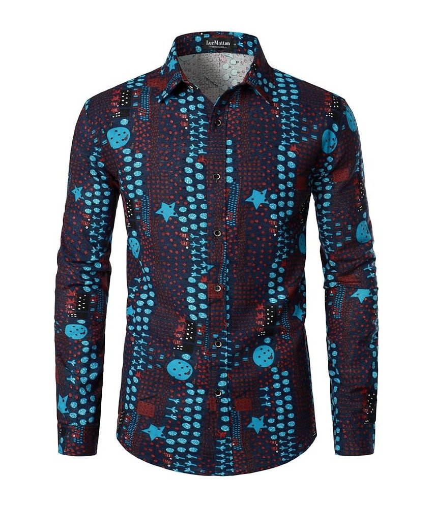 Męska Koszula Afrykańskie Wzory Retro Długie Rękawy Elegancka Granatowa S