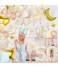 Dekoracja na 50 Urodziny Zestaw Balonów XXL Białe Złoto z Cyfrą 50