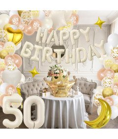 Dekoracja na 50 Urodziny Zestaw Balonów XXL Białe Złoto z Cyfrą 50