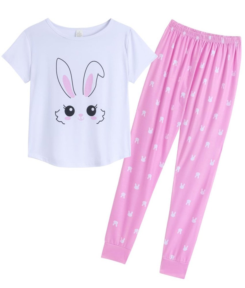 Damska Piżama Dwuczęściowa Koszulka i Długie Spodnie Biało Różowa 32