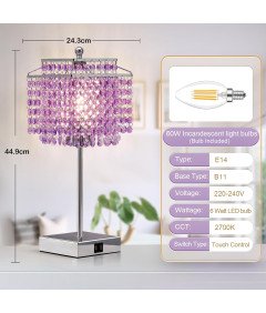 Lampa Stołowa Dotykowa z 3 Poziomami Jasności Portami USB C + A Fioletowa