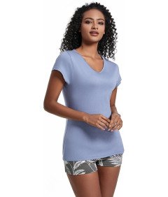 Piżama Damska Komplet Koszulka Krótki Rękaw Spodenki Niebiesko Szara M