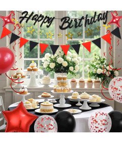 Zestaw Balonów Dekoracyjnych Urodziny Czarno Czerwone Banery Balony Foliowe