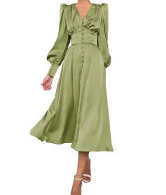Damska Sukienka Maxi Satynowa Elegancka Vintage Bufiaste Rękawy Zielona XS