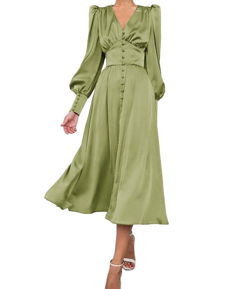 Damska Sukienka Maxi Satynowa Elegancka Vintage Bufiaste Rękawy Zielona XS