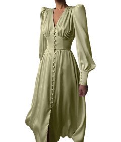 Damska Sukienka Maxi Satynowa Elegancka Vintage Bufiaste Rękawy Zielona XS