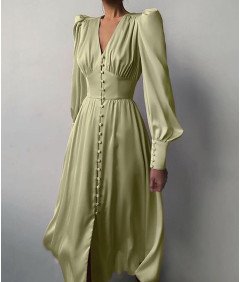 Damska Sukienka Maxi Satynowa Elegancka Vintage Bufiaste Rękawy Zielona XS