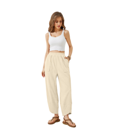 Damskie Spodnie Palazzo Dresowe Szerokie Nogawki Wysoki Stan Beżowe S