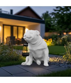 Lampa Solarna LED Ogrodowa Rzeźba Figurka w Kształcie Psa Żywiczna Biała