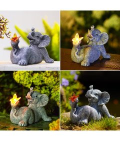 Lampa Solarna LED Ogrodowa Rzeźba Figurka w Kształcie Słonia Żywiczna Szara