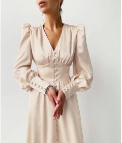 Damska Sukienka Maxi Satynowa Elegancka Vintage Bufiaste Rękawy Beżowa XS
