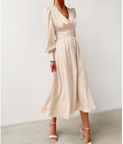 Damska Sukienka Maxi Satynowa Elegancka Vintage Bufiaste Rękawy Beżowa XS