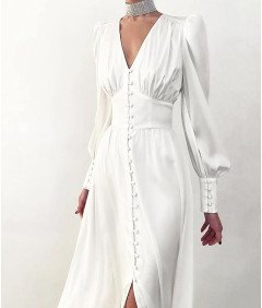 Damska Sukienka Maxi Satynowa Elegancka Vintage Bufiaste Rękawy Biała M