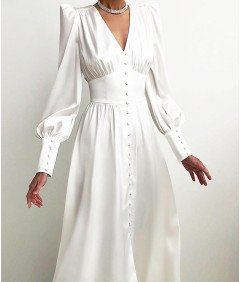 Damska Sukienka Maxi Satynowa Elegancka Vintage Bufiaste Rękawy Biała M