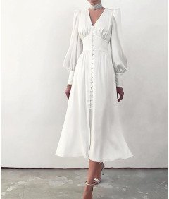 Damska Sukienka Maxi Satynowa Elegancka Vintage Bufiaste Rękawy Biała M