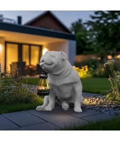 Figurka Rzeźba Ogrodowa Lampa Solarna LED Pies Bulldog Wodoodporna Szara