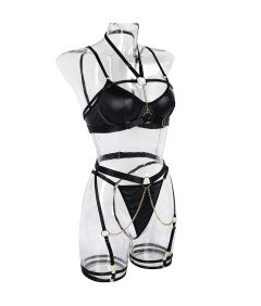 Damska Seksowna Bielizna Erotyczna Komplet Sexy Skórzana Łańcuch Czarna M