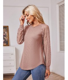 Koszulka Damska Koronkowa Długi Rękaw Okrągły Dekolt Elegancka Różowa XXL