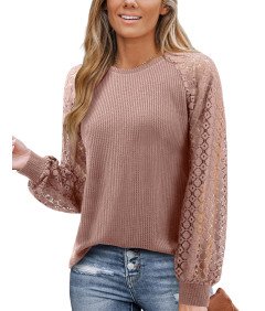 Koszulka Damska Koronkowa na Długi Rękaw Okrągły Dekolt Elegancka Różowa XL