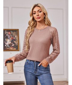 Koszulka Damska Koronkowa na Długi Rękaw Okrągły Dekolt Elegancka Różowa XL