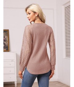 Koszulka Damska Koronkowa na Długi Rękaw Okrągły Dekolt Elegancka Różowa XL