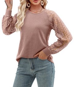 Koszulka Damska Koronkowa na Długi Rękaw Okrągły Dekolt Elegancka Różowa XL