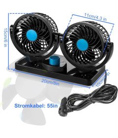 Wiatrak Samochodowy Wentylator Podwójna Głowica Obrotowy 360° Czarny