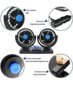 Wiatrak Samochodowy Wentylator Podwójna Głowica Obrotowy 360° Czarny