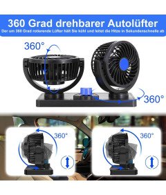 Wiatrak Samochodowy Wentylator Podwójna Głowica Obrotowy 360° Czarny