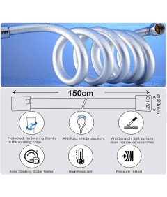 Wąż Prysznicowy Elastyczny Gładki Antyskrętny Wzmacniany 150 cm Srebrny