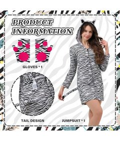 Piżama Damska Kigurumi Pluszowa z Kapturem i Rękawiczkami Onesie Zebra XL