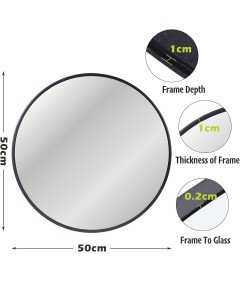 Okrągłe Lustro 50x50 cm Metalowa Czarna Rama Wiszące Ścienne Nowoczesne
