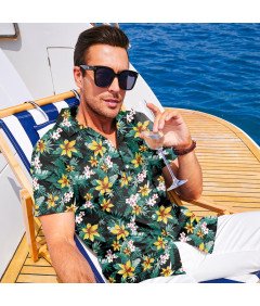Męska Koszula Hawajska Krótki Rękaw Plażowa Tropikalna Letnia Zielona M