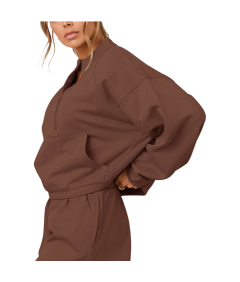 Damski Komplet Dresowy Bluza Spodnie Bawełna Sportowy Stylowy Brązowe XL