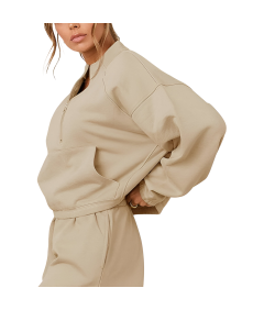 Damski Komplet Dresowy Bluza Spodnie Bawełna Sportowy Stylowy Beżowy L