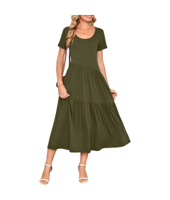 Damska Sukienka Maxi Długa Krótki Rękaw Elegancka Stylowa Letnia Zielona M