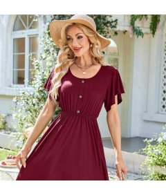 Damska Sukienka Midi z Kieszeniami Letnia Stylowa Przewiewna Bordowa L