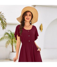 Damska Sukienka Midi z Kieszeniami Letnia Stylowa Przewiewna Bordowa L