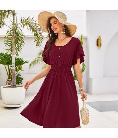Damska Sukienka Midi z Kieszeniami Letnia Stylowa Przewiewna Bordowa L