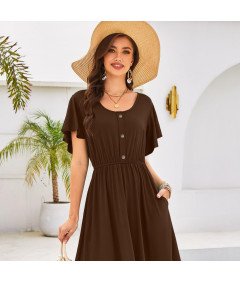 Damska Sukienka Midi z Kieszeniami Letnia Stylowa Przewiewna Brązowa L