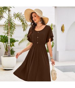 Damska Sukienka Midi z Kieszeniami Letnia Stylowa Przewiewna Brązowa L