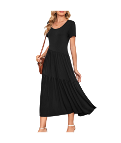 Damska Sukienka Maxi Długa Krótki Rękaw Elegancka Stylowa Letnia Czarna S