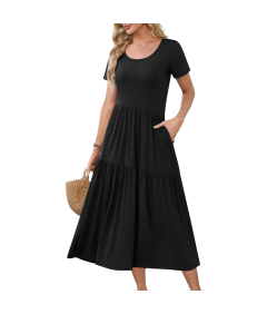 Damska Sukienka Maxi Długa Krótki Rękaw Elegancka Stylowa Letnia Czarna S