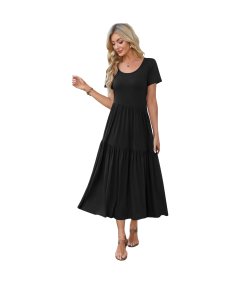 Damska Sukienka Maxi Długa Krótki Rękaw Elegancka Stylowa Letnia Czarna S