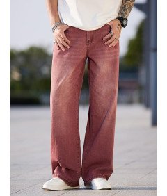 Zewool Męskie Spodnie Baggy Jeansowe Luźne Szerokie Nogawki Czerwone XS