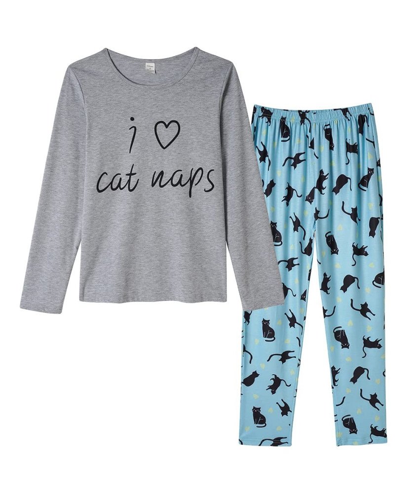 Damska Piżama Komplet Spodnie Koszulka Długi Rękaw Koty Szara Niebieska L