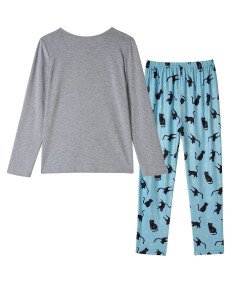 Damska Piżama Komplet Spodnie Koszulka Długi Rękaw Koty Szara Niebieska L